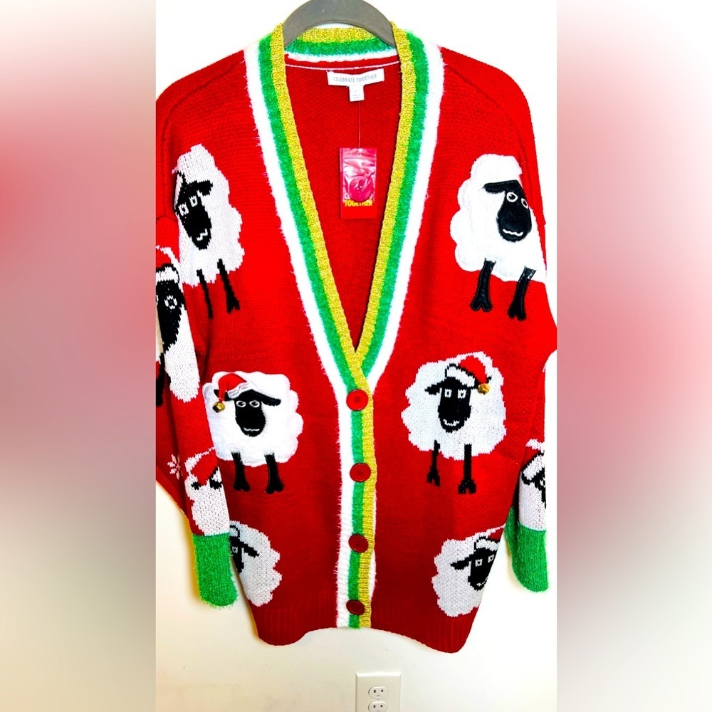 Christmas‎ Cardigan Style Sweater Lamb Bells Ugly Sweater Size L NWT